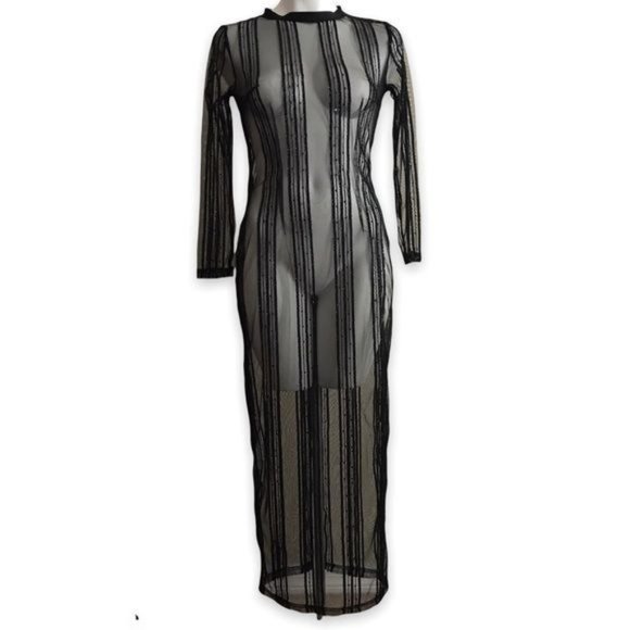 Black Sheer Mesh Sparkle Vertical Striped Maxi Dress | Gown - Picture 1 of 13